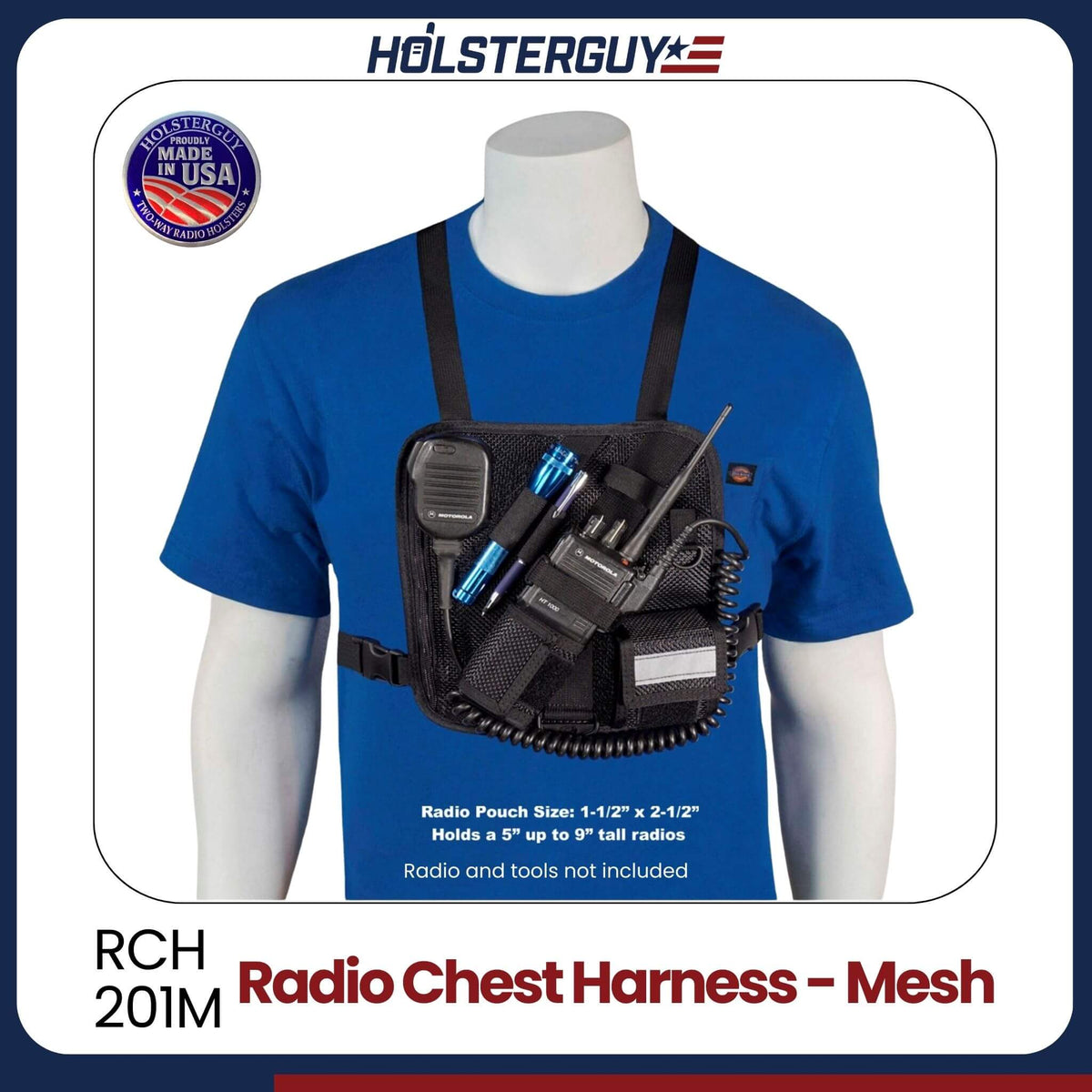 Radio chest harness 201M on a mannequin with Holsterguy branding