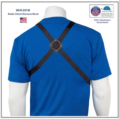 Back view of blue t-shirt with a black radio chest harness 201M on a mannequin against a white background