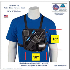 Radio chest harness-mesh 201M on a mannequin with measurements and product details.
