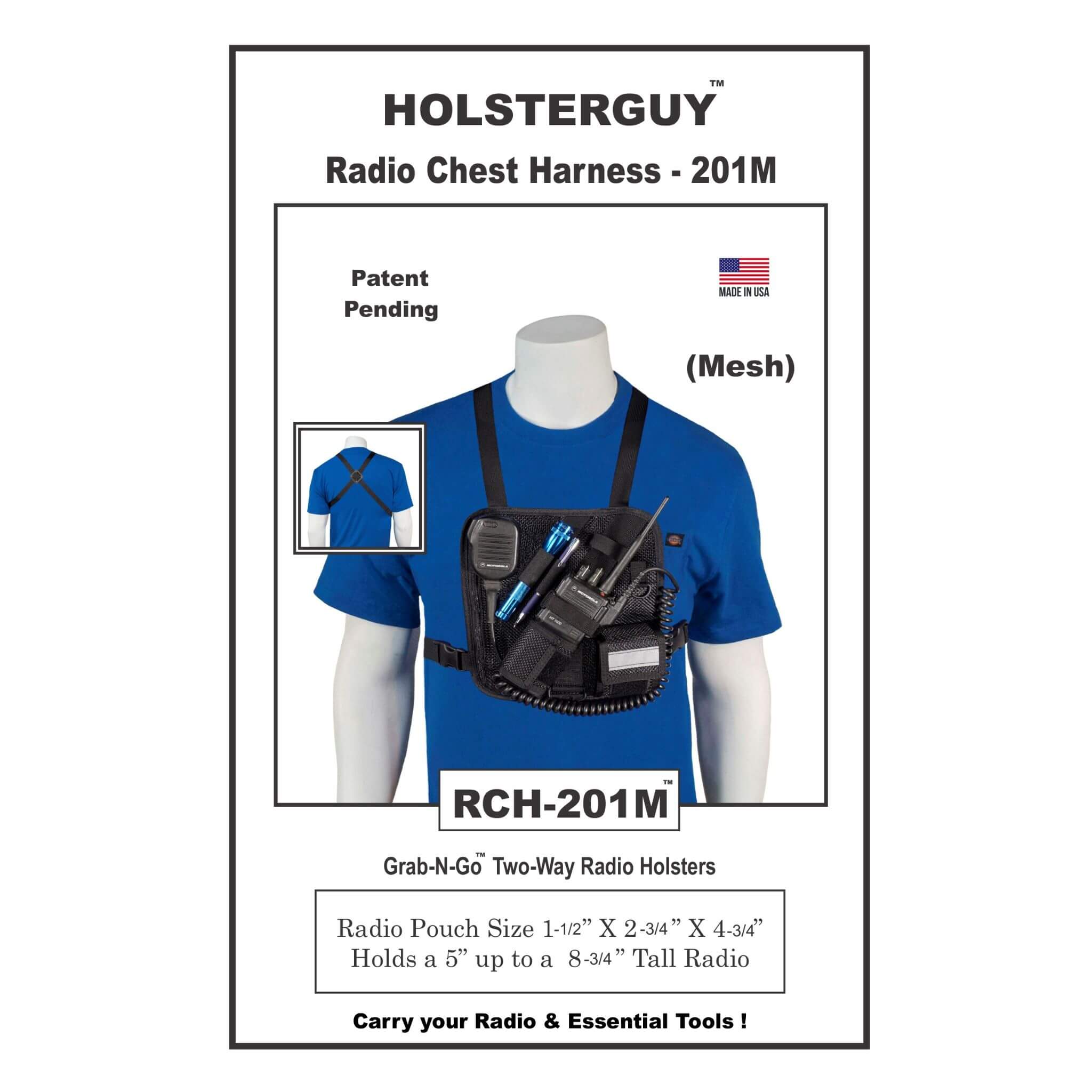 HolsterGuy Radio Chest Harness 201M on a mannequin with product details.