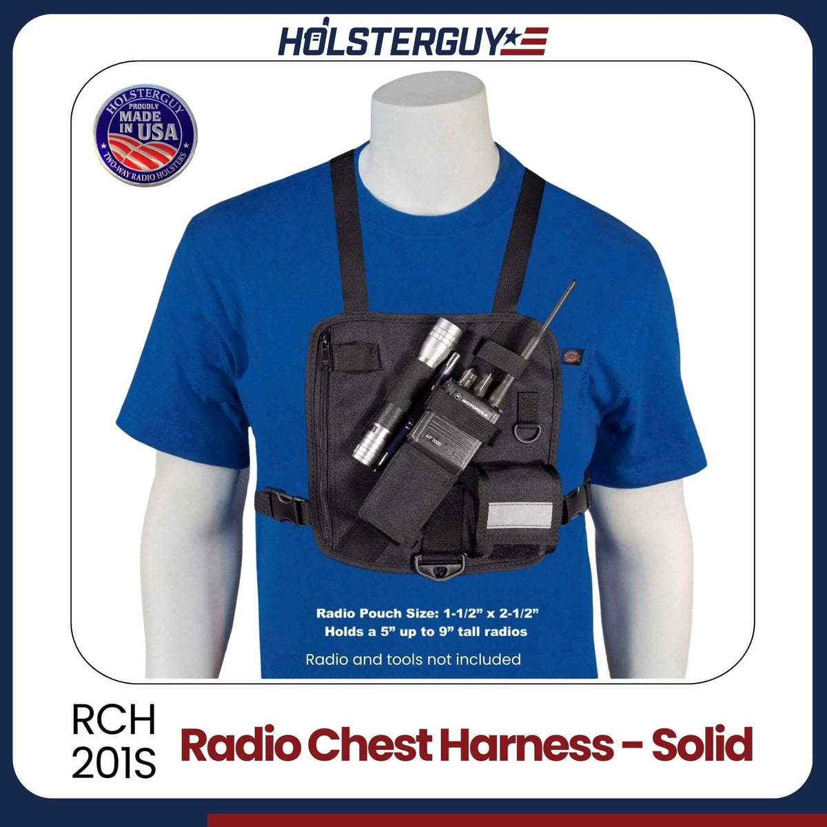 Radio chest harness 201S on a mannequin with blue shirt and HolsterGuy branding.