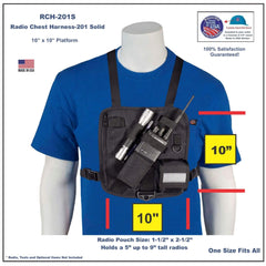 Mannequin wearing a black radio chest harness 201S on a blue shirt with product details and measurements.