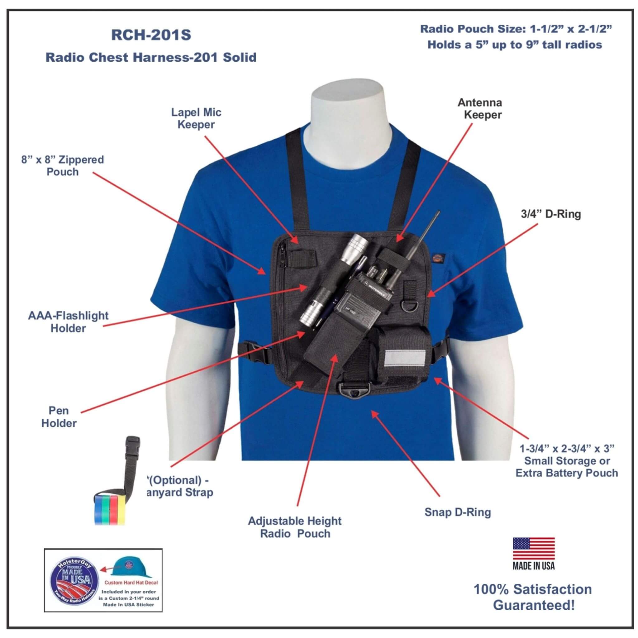Radio chest harness 201S on a mannequin with labeled features against a white background