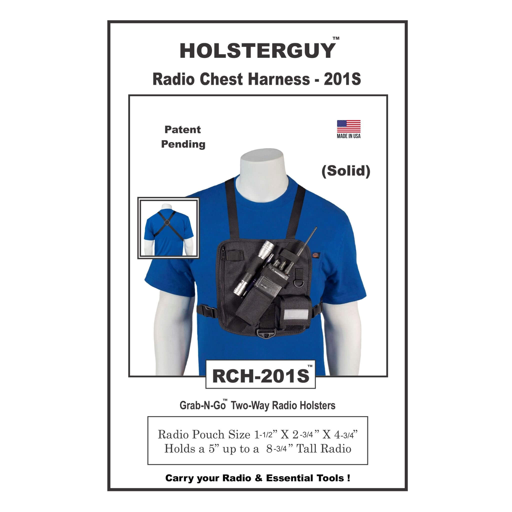 HolsterGuy Radio Chest Harness 201S on a mannequin with product details.