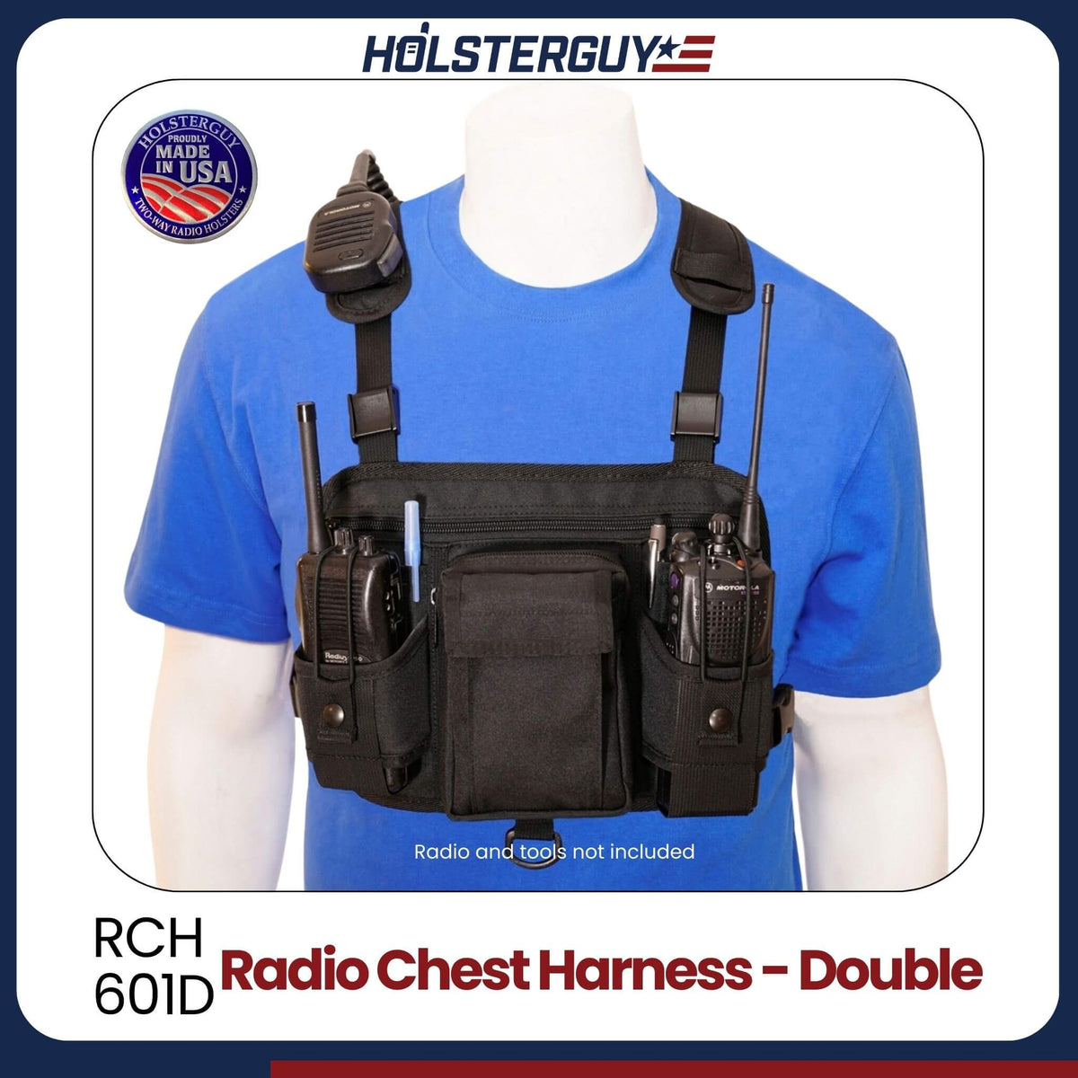 Radio chest harness 601D on a mannequin with 'HOLSTERGUY' branding and 'Made in USA' badge.