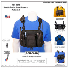 RCH-601D Double Radio Chest Harness on a mannequin with product features highlighted