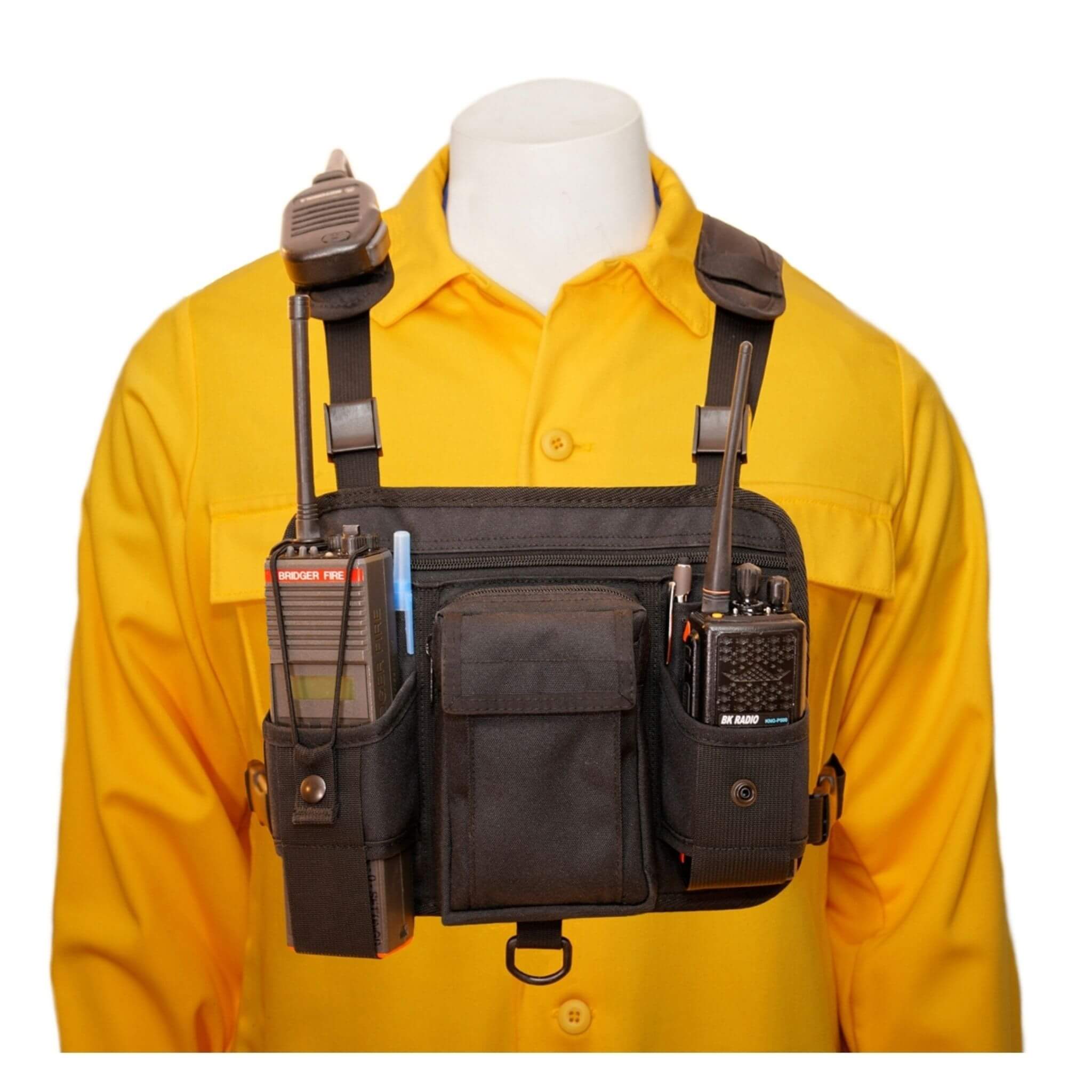 Black tactical vest double radio chest harness 601D with radio equipment on a mannequin wearing a yellow shirt.