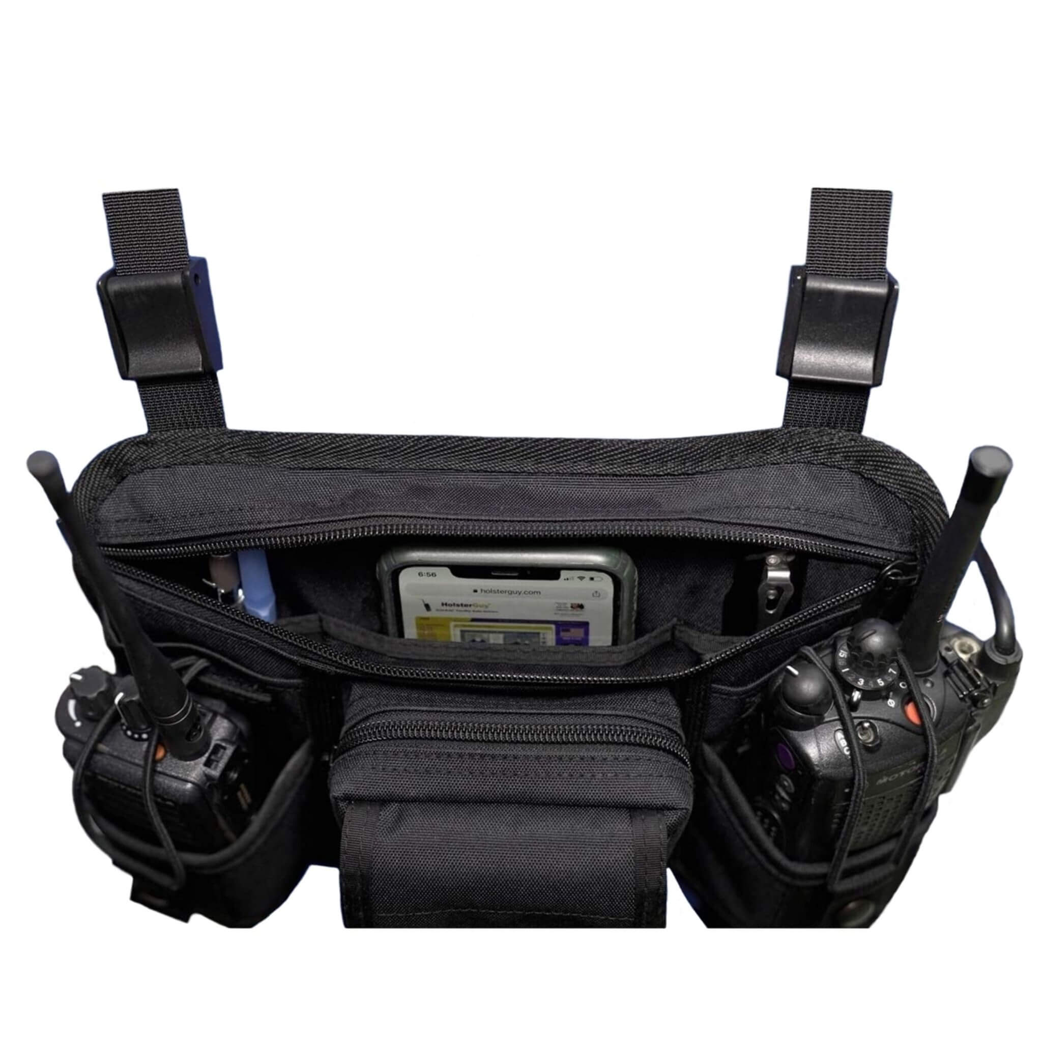 Black tactical pouch double radio chest harness 601D with various compartments and equipment on a white background