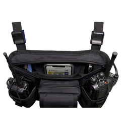 Black tactical pouch double radio chest harness 601D with various compartments and equipment on a white background