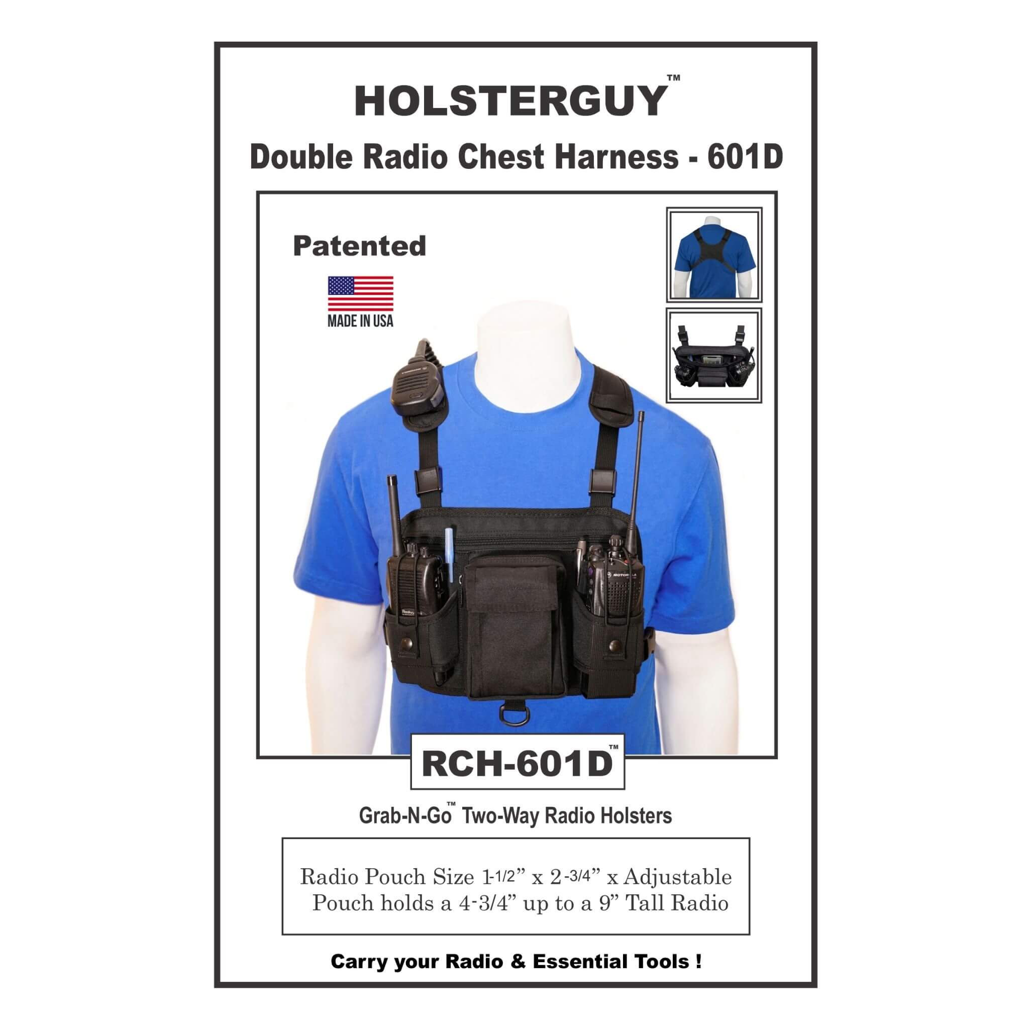 HolsterGuy double radio chest harness on a mannequin with product details.