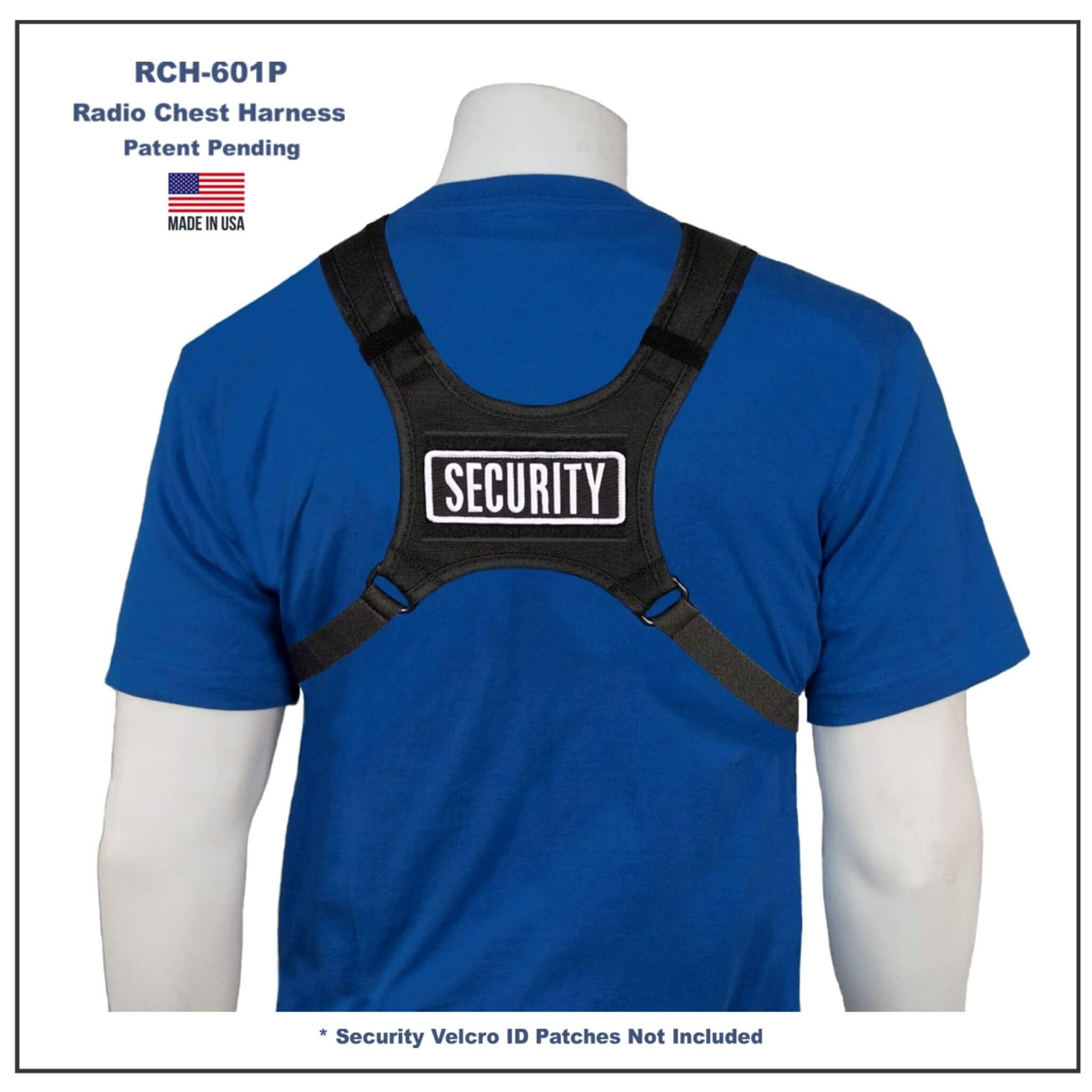 Back view of a blue shirt with black 'SECURITY' radio chest harness on a mannequin, made in USA.