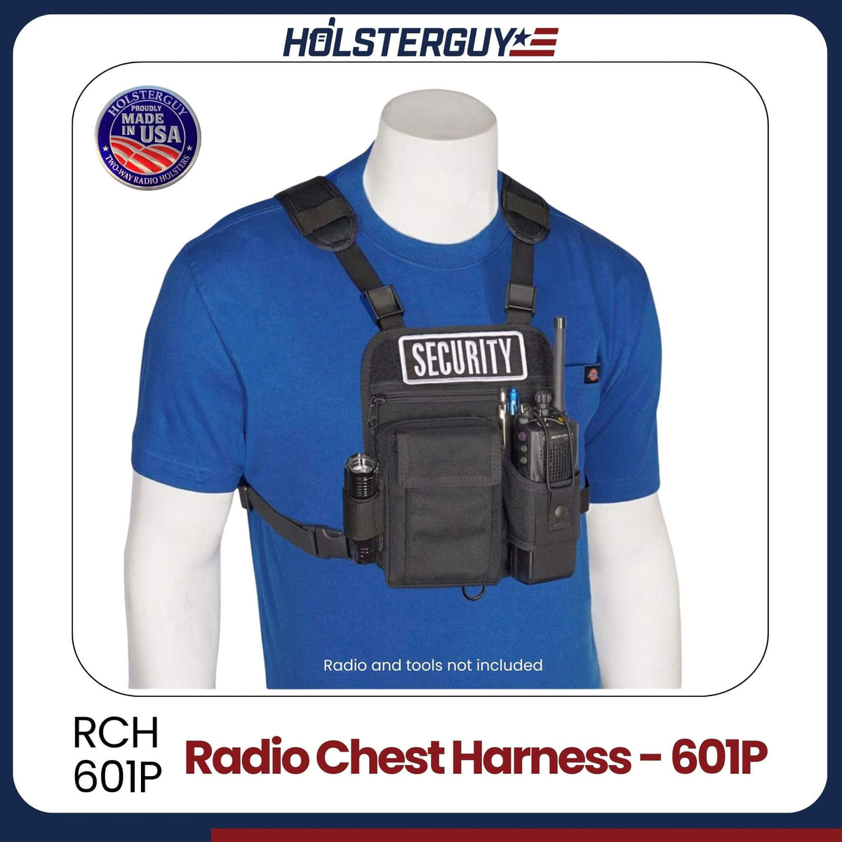 Black radio chest harness 601P on a mannequin with a blue shirt, branded 'HOLSTERGUY'.