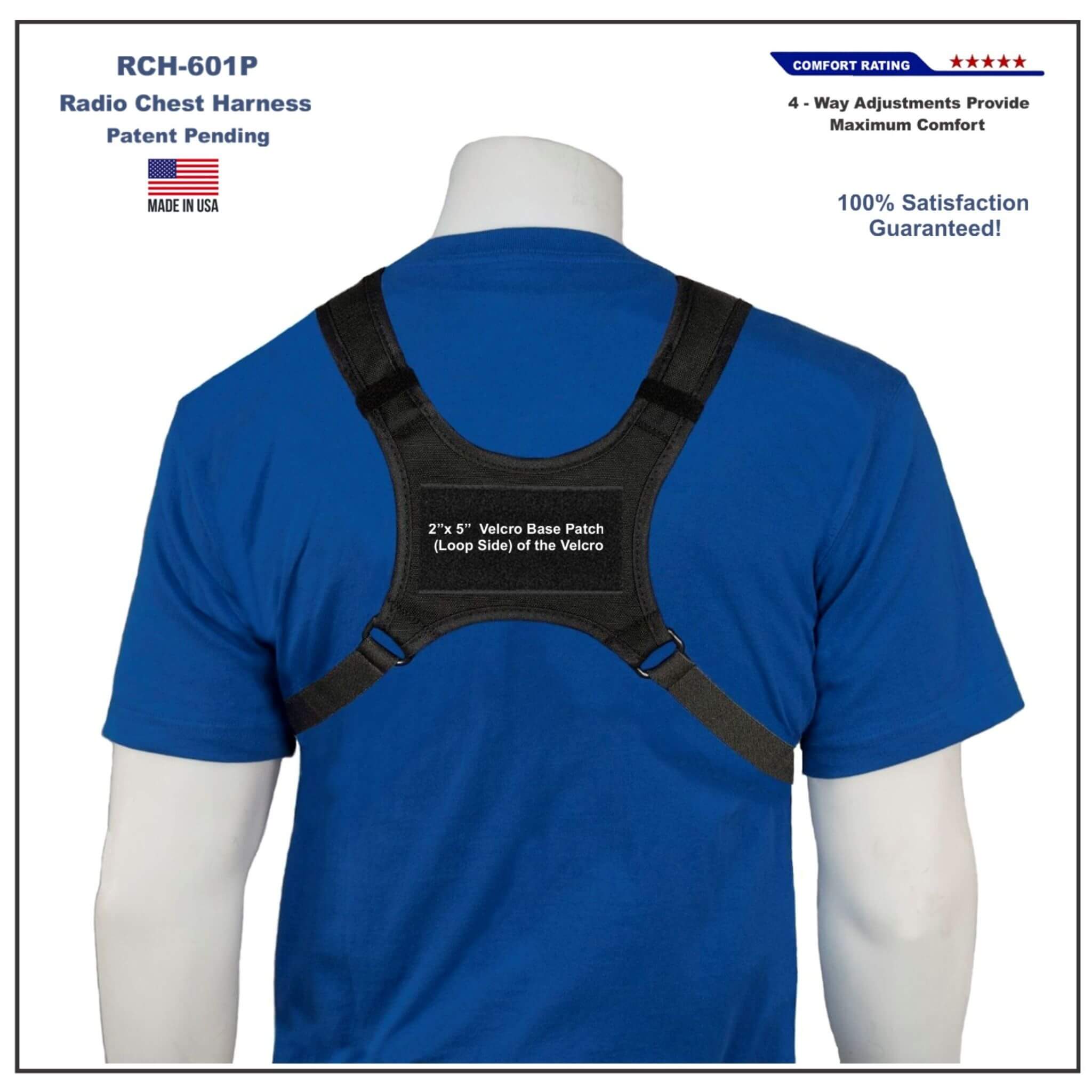 Back view of a black radio chest harness 601P on a blue shirt showing velcro base patch  with product details on a white background