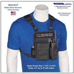 Radio chest harness 601P on a mannequin with product details and branding.