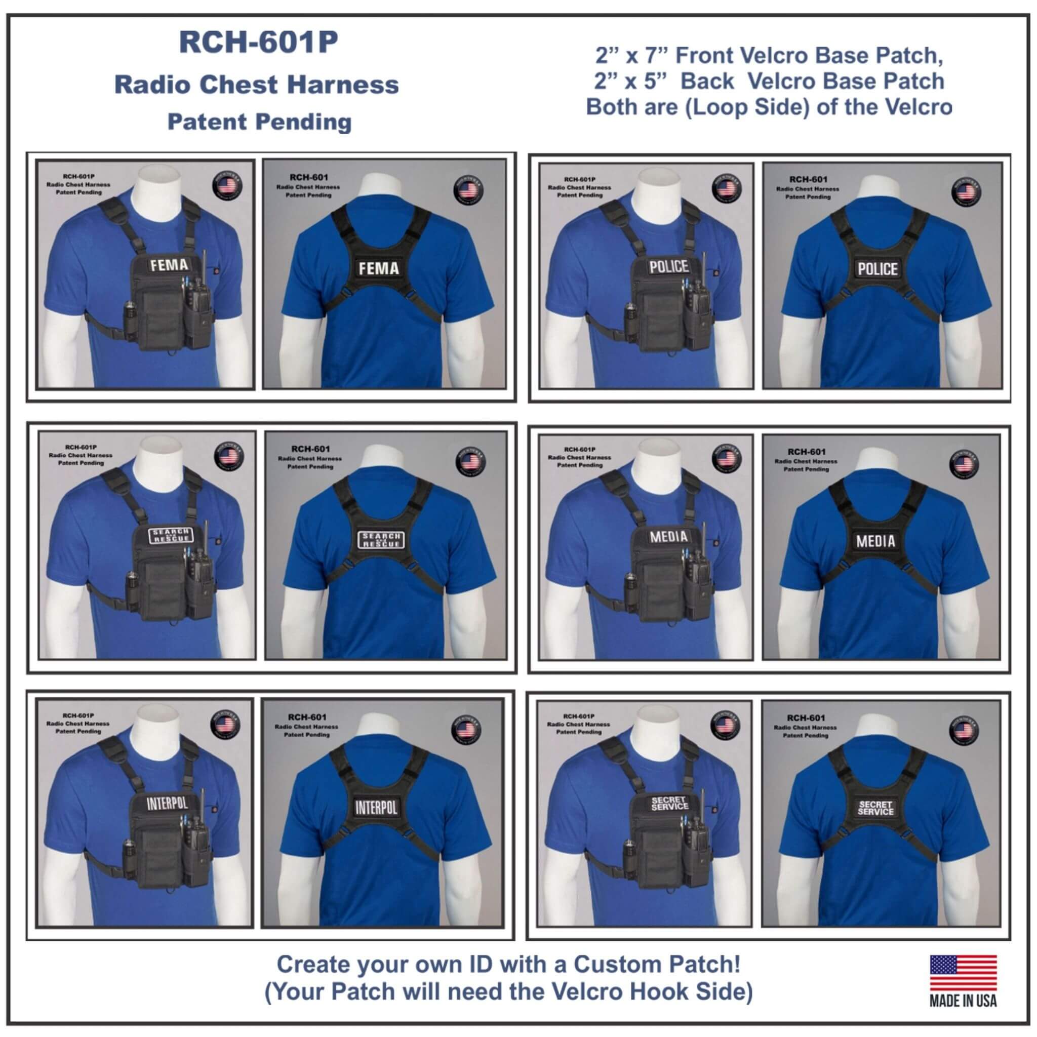 Radio chest harnesses 601P with customizable patches on blue shirts, displayed on mannequins.
