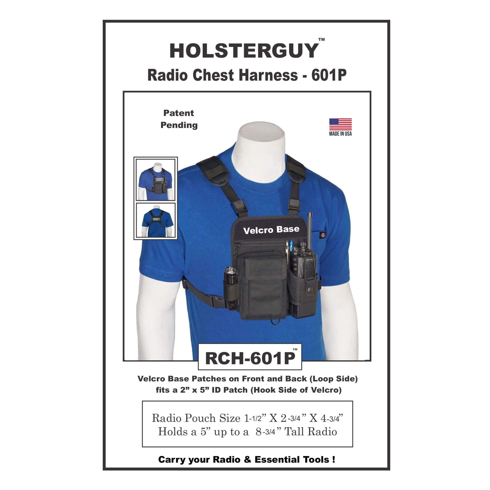 HolsterGuy Radio Chest Harness 601P on a mannequin with product details.