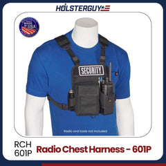 Black radio chest harness 601P on a mannequin with a blue shirt, branded 'HOLSTERGUY'.