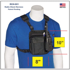 Black radio chest harness 601 on a mannequin with measurements indicated, made in USA.