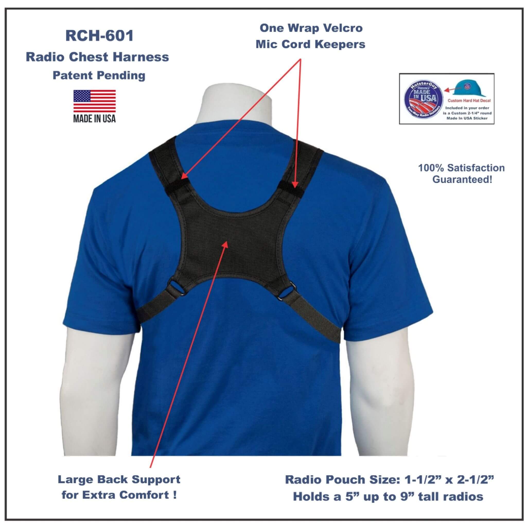 Radio chest harness 601 on a mannequin with features highlighted, including a 100% satisfaction guarantee badge.
