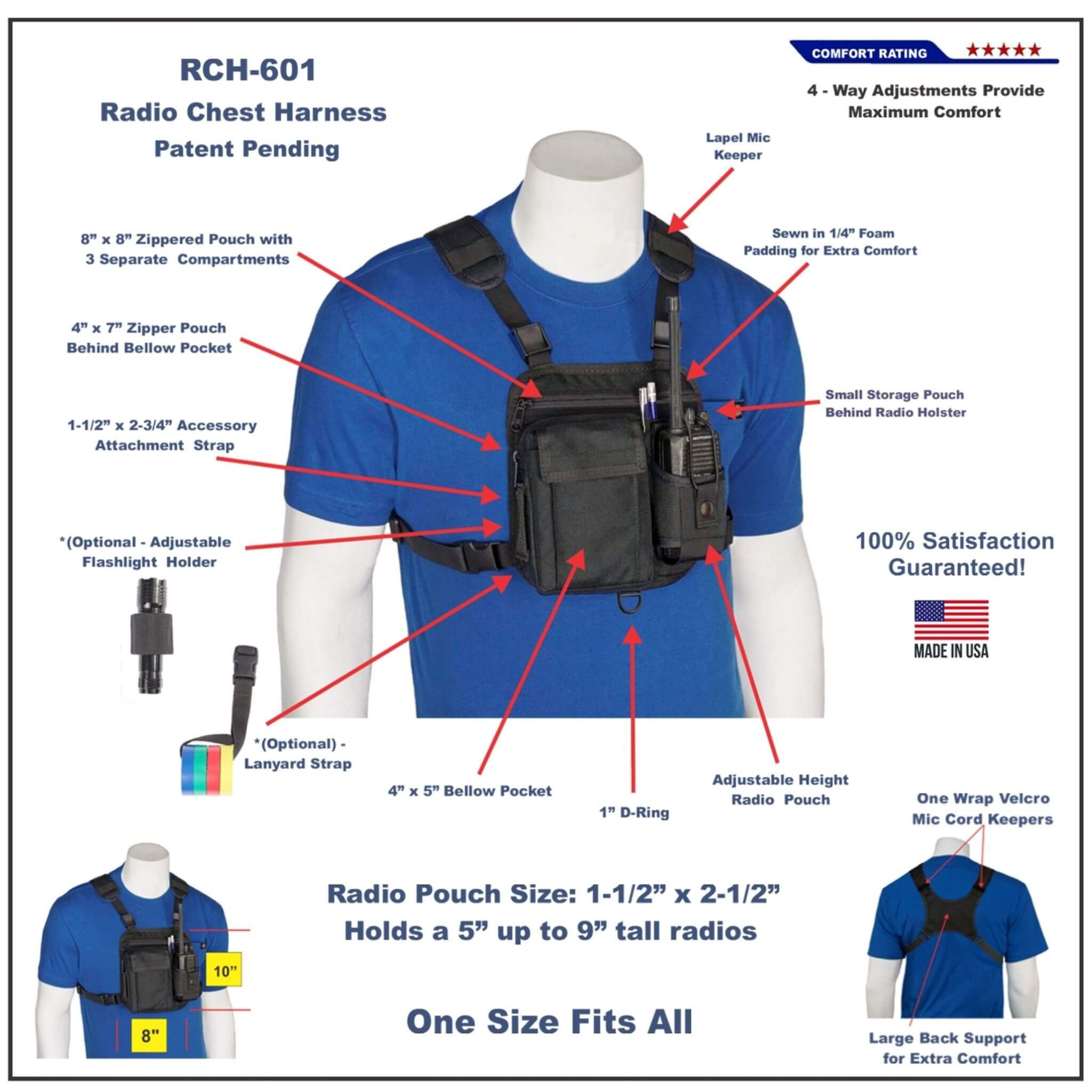 Radio chest harness 601 with features highlighted on a mannequin wearing a blue shirt.