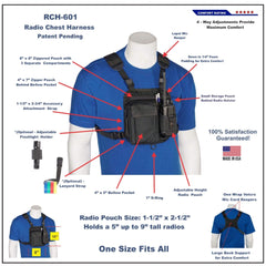 Radio chest harness 601 with features highlighted on a mannequin wearing a blue shirt.