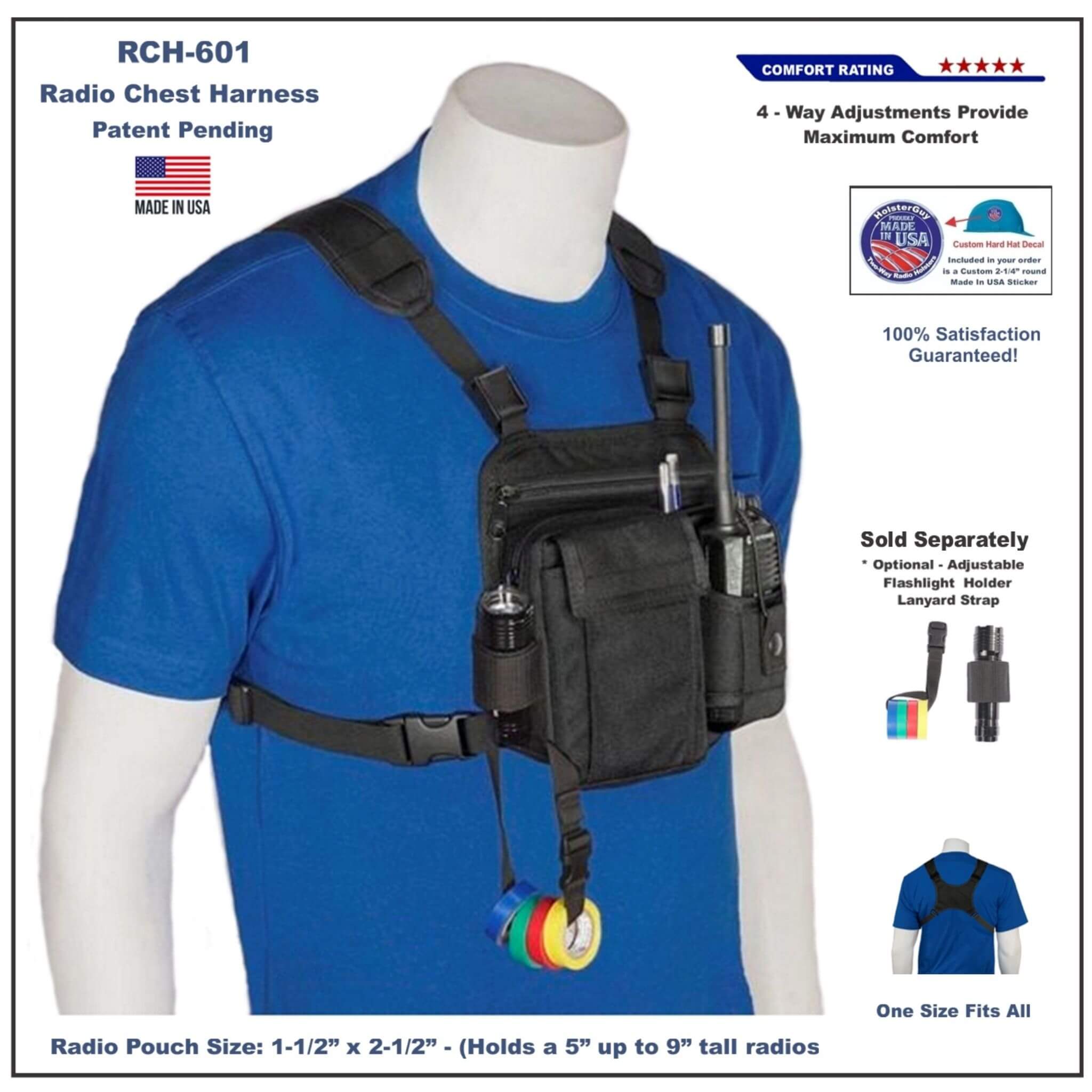 Radio chest harness 601 on a mannequin with product details and branding.