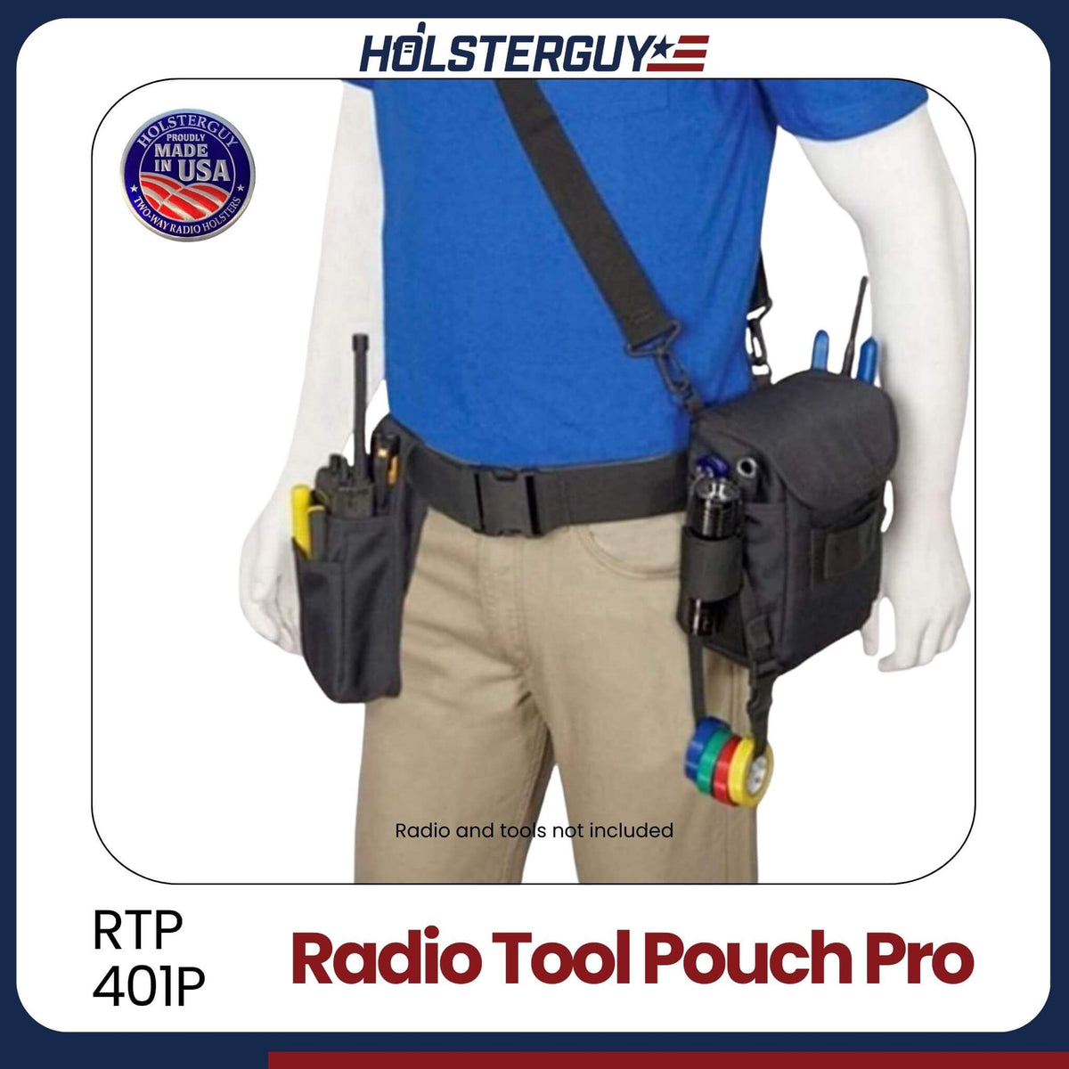 Mannequin wearing a Holsterguy Radio Tool Pouch Pro RTP-401P with tools and a radio on a white background.