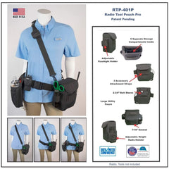 Radio Tool Pouch Pro 401P with mannequin wearing a blue shirt and black tool pouch, featuring product details on the right.
