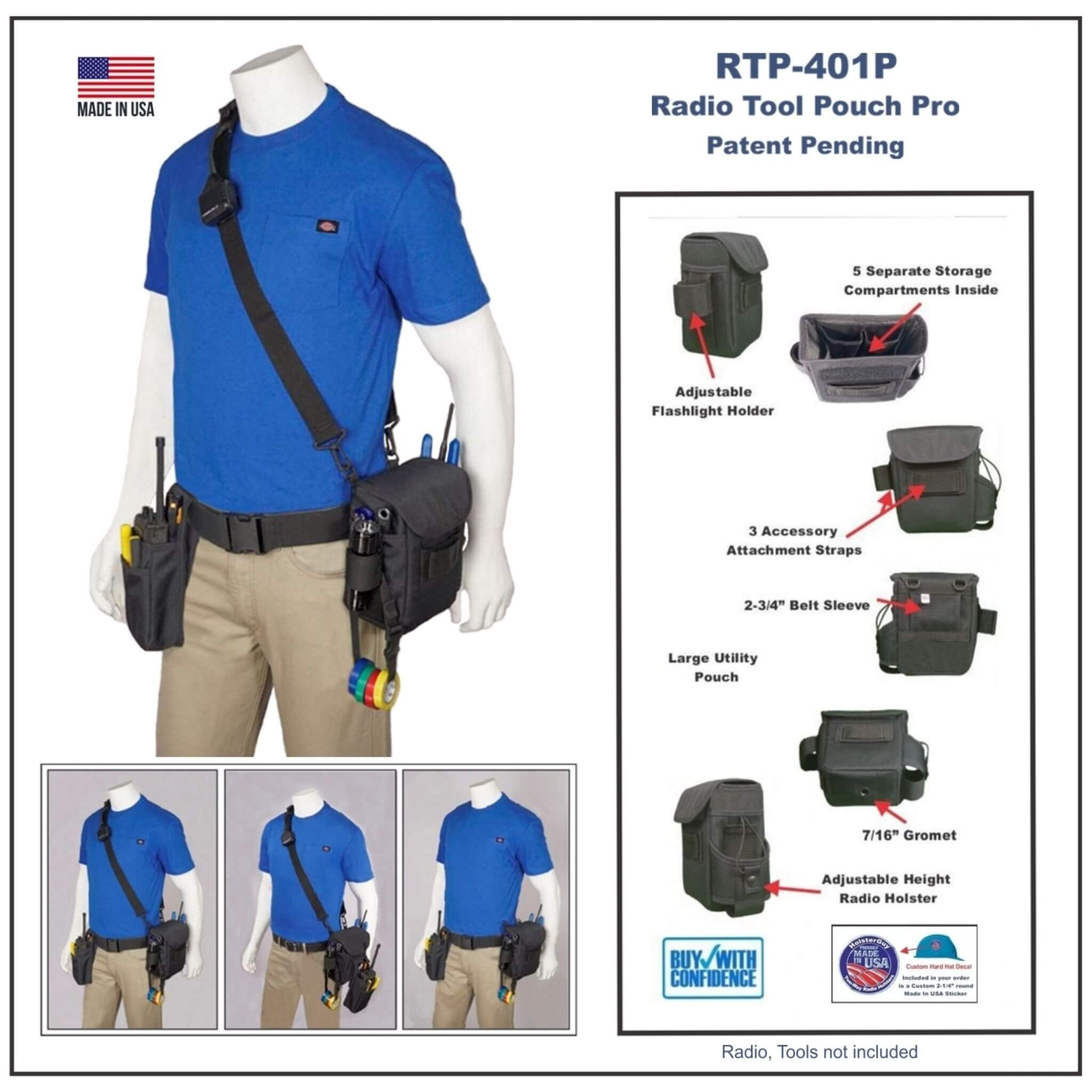Radio Tool Pouch Pro 401P with mannequin display and feature highlights on a white background