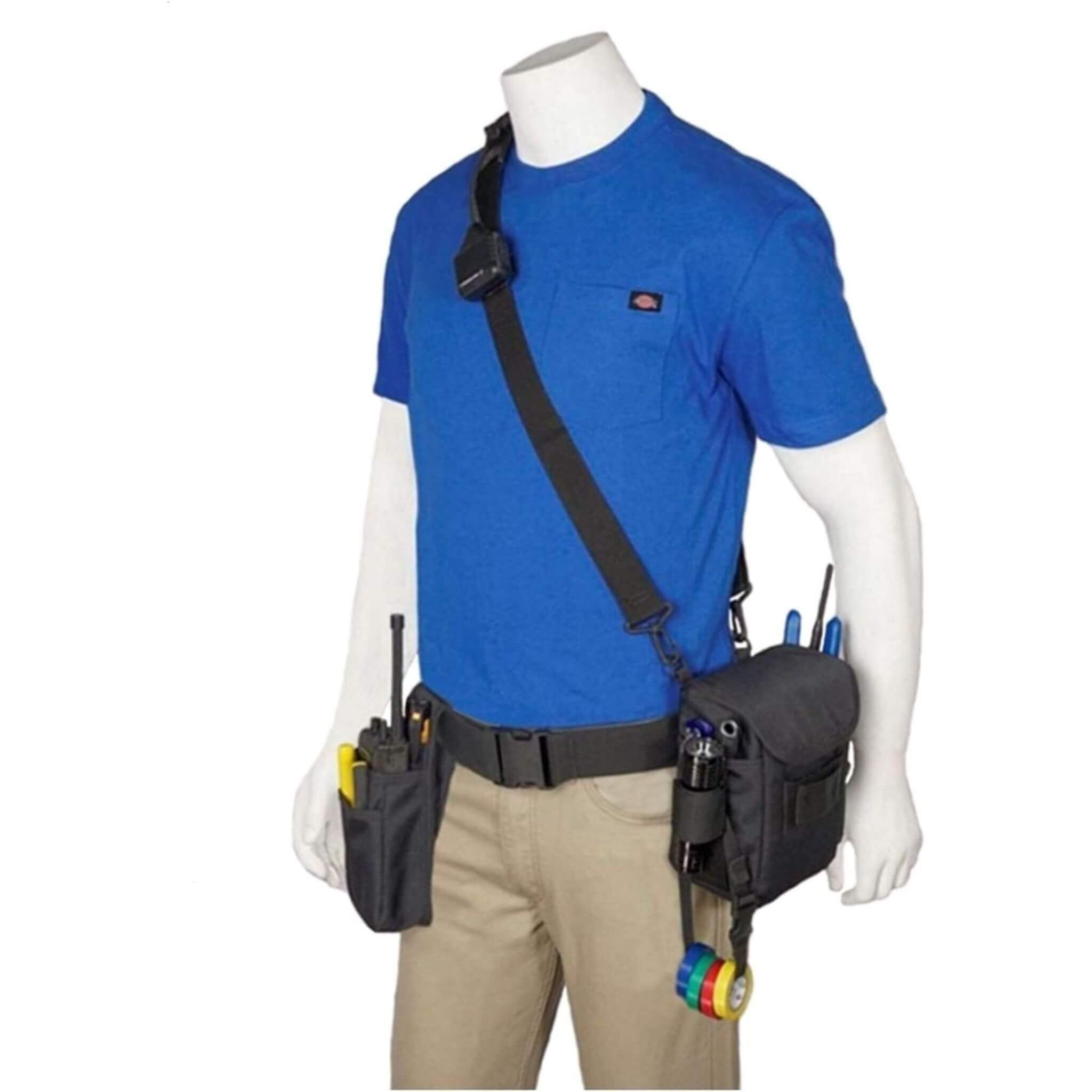 Mannequin wearing a blue shirt with tool belts and pouches RTP-401P on a white background