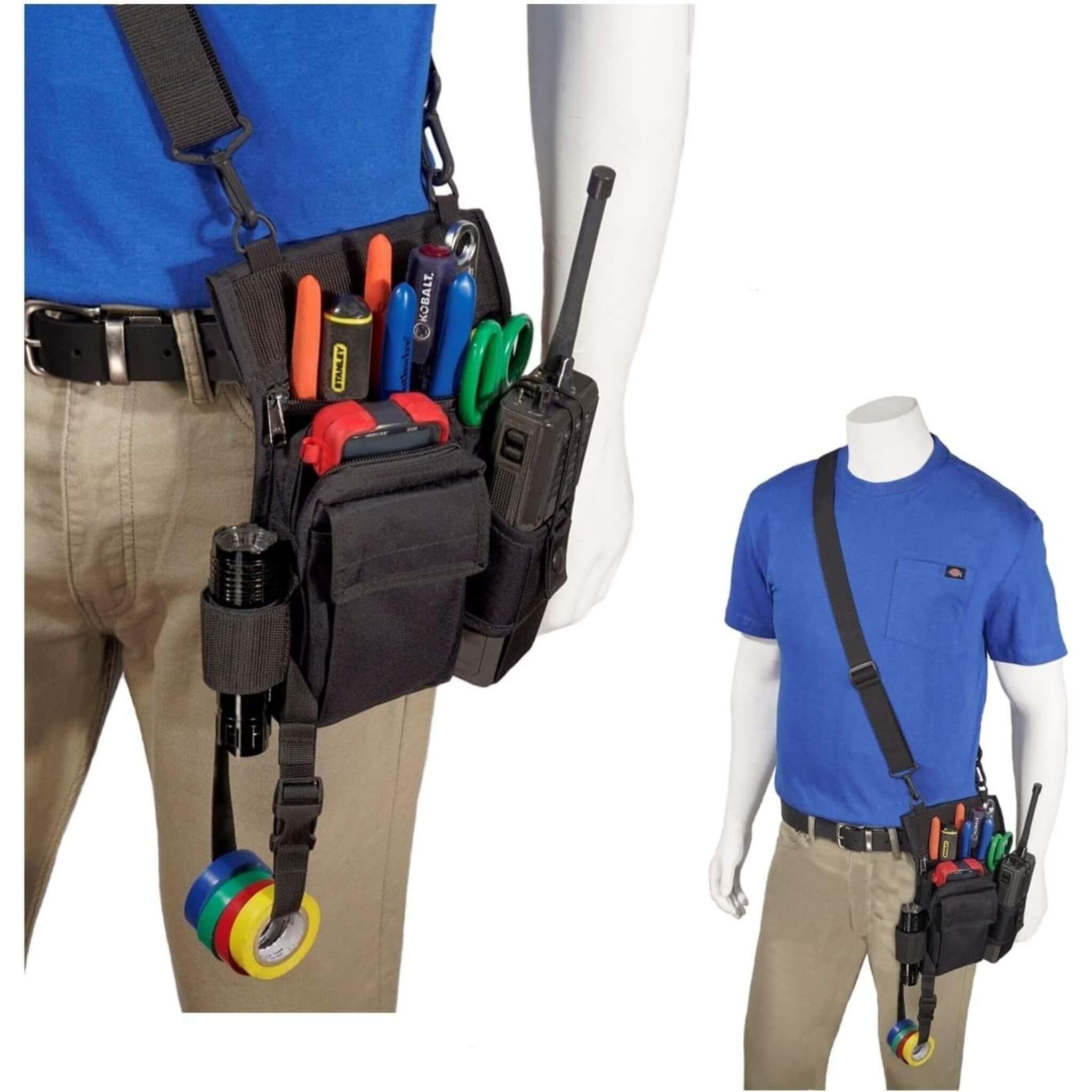 Person wearing a tool belt Radio Tool Pouch RTP-401 with various tools and a mannequin in a blue shirt and beige pants with a tool belt.