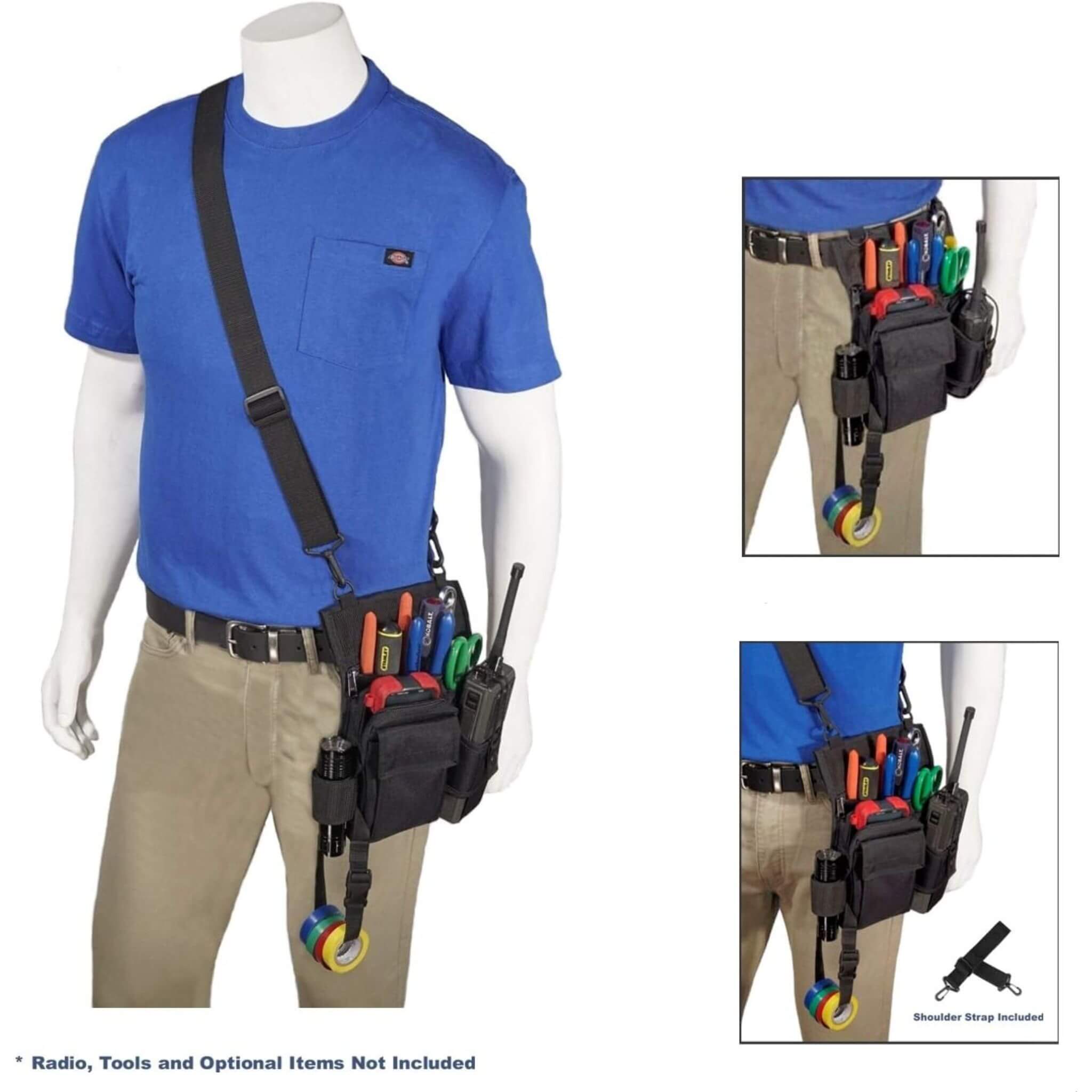Mannequin wearing a blue shirt with a tool Radio Tool Pouch RTP-401 belt and shoulder strap, inset showing tool belt details.