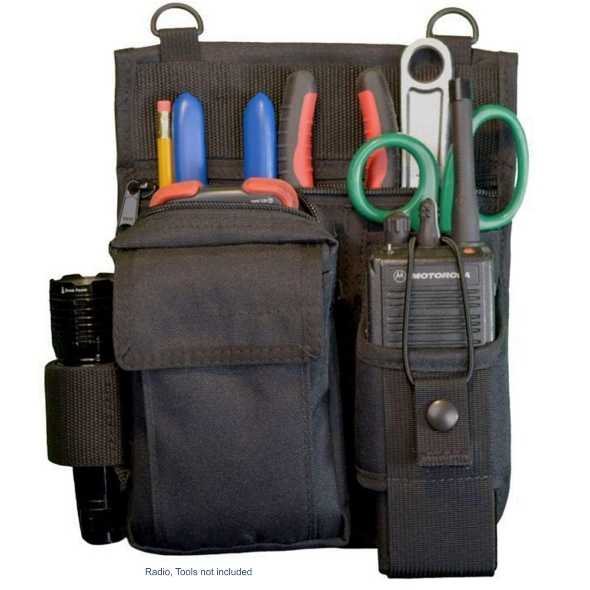 Black tactical pouch RTP-401 with tools and a radio on a white background