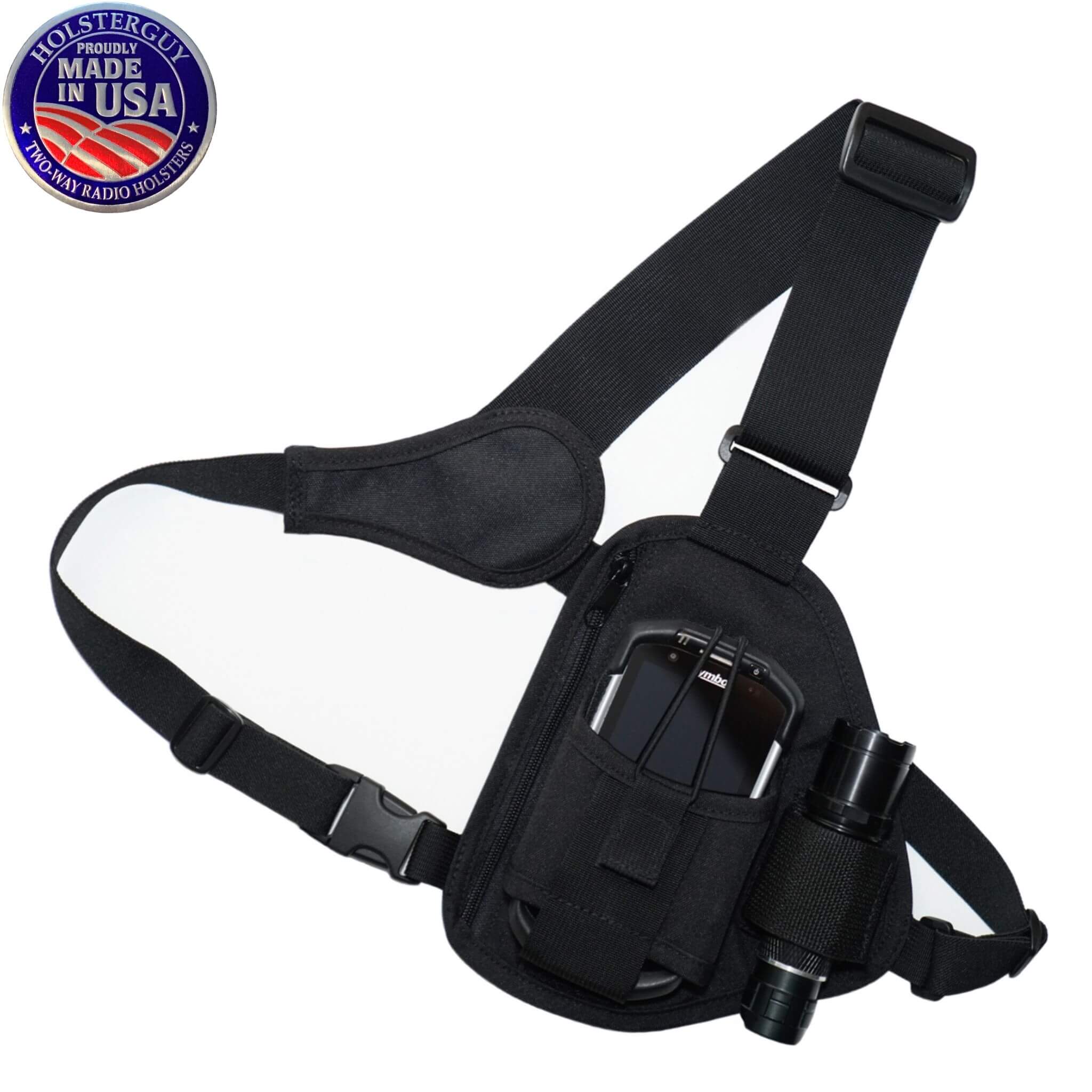 Black tactical shoulder bag SCH 101Z with radio holder on a white background, featuring 'HOLSTERGUY' branding.