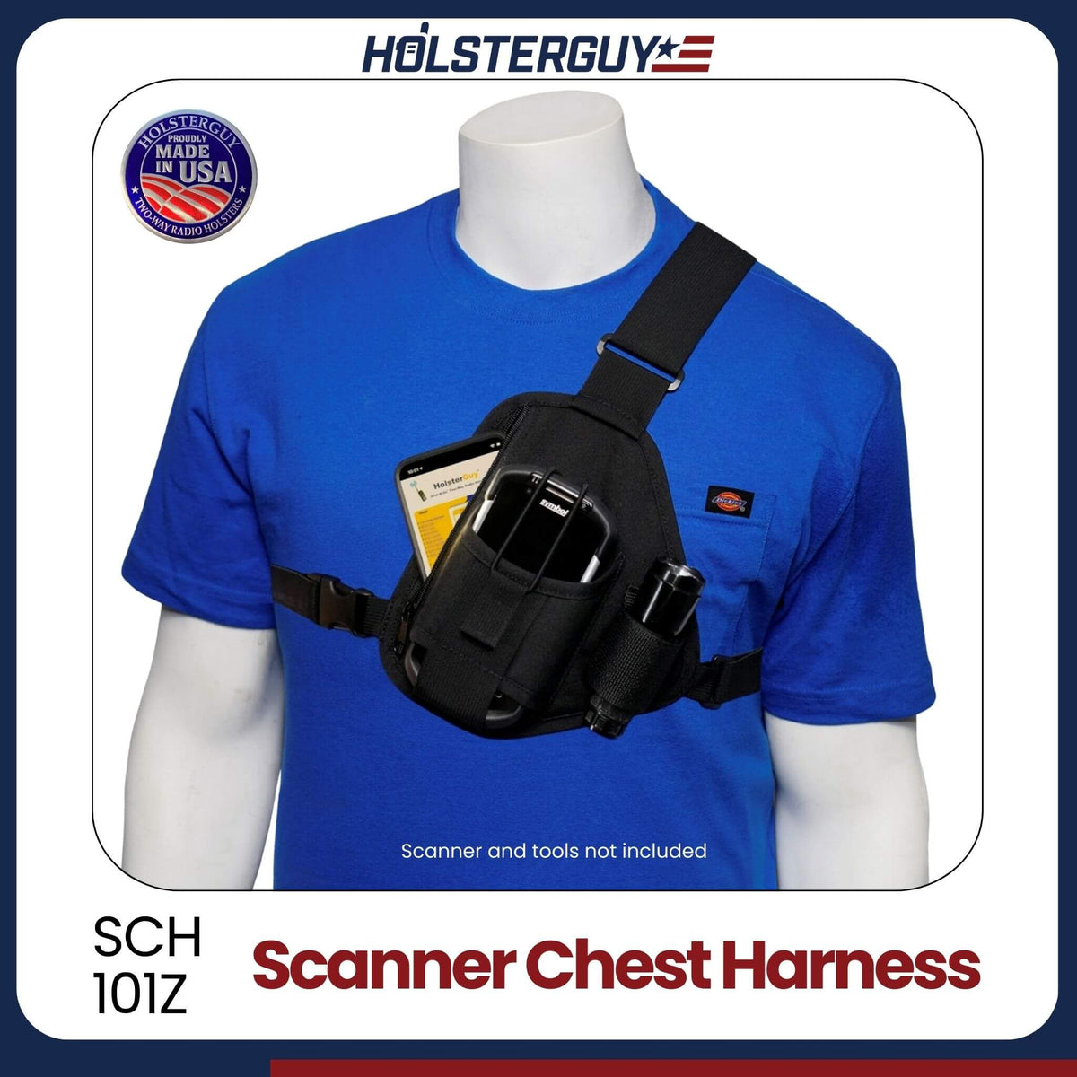 Mannequin wearing a blue shirt with a black scanner chest harness, featuring the Hölsterguy brand.