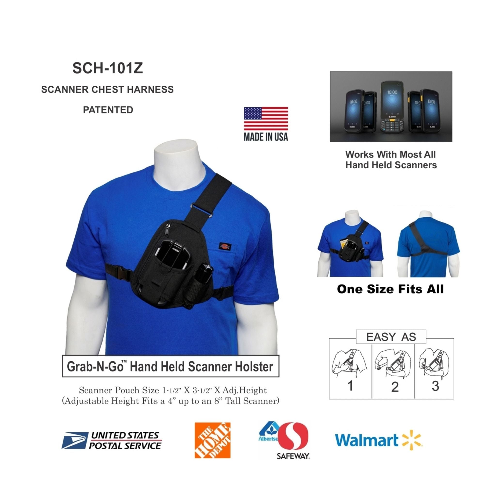 Grab-N-Go Hand Held Scanner Holster on a mannequin with product details and branding.