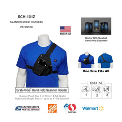 Grab-N-Go Hand Held Scanner Holster on a mannequin with product details and branding.