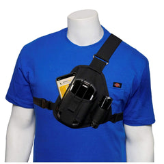 Front view of black scanner chest harness 101Z on a mannequin wearing a blue shirt