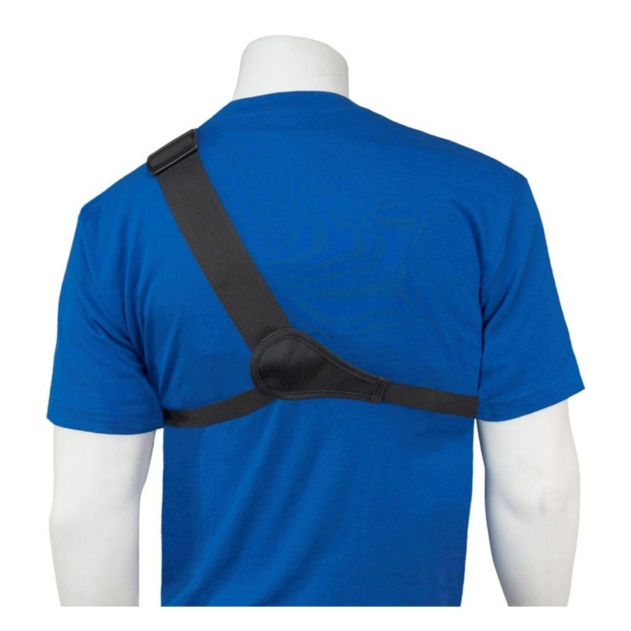 Back view of black scanner chest harness 101Z on a mannequin wearing a blue shirt