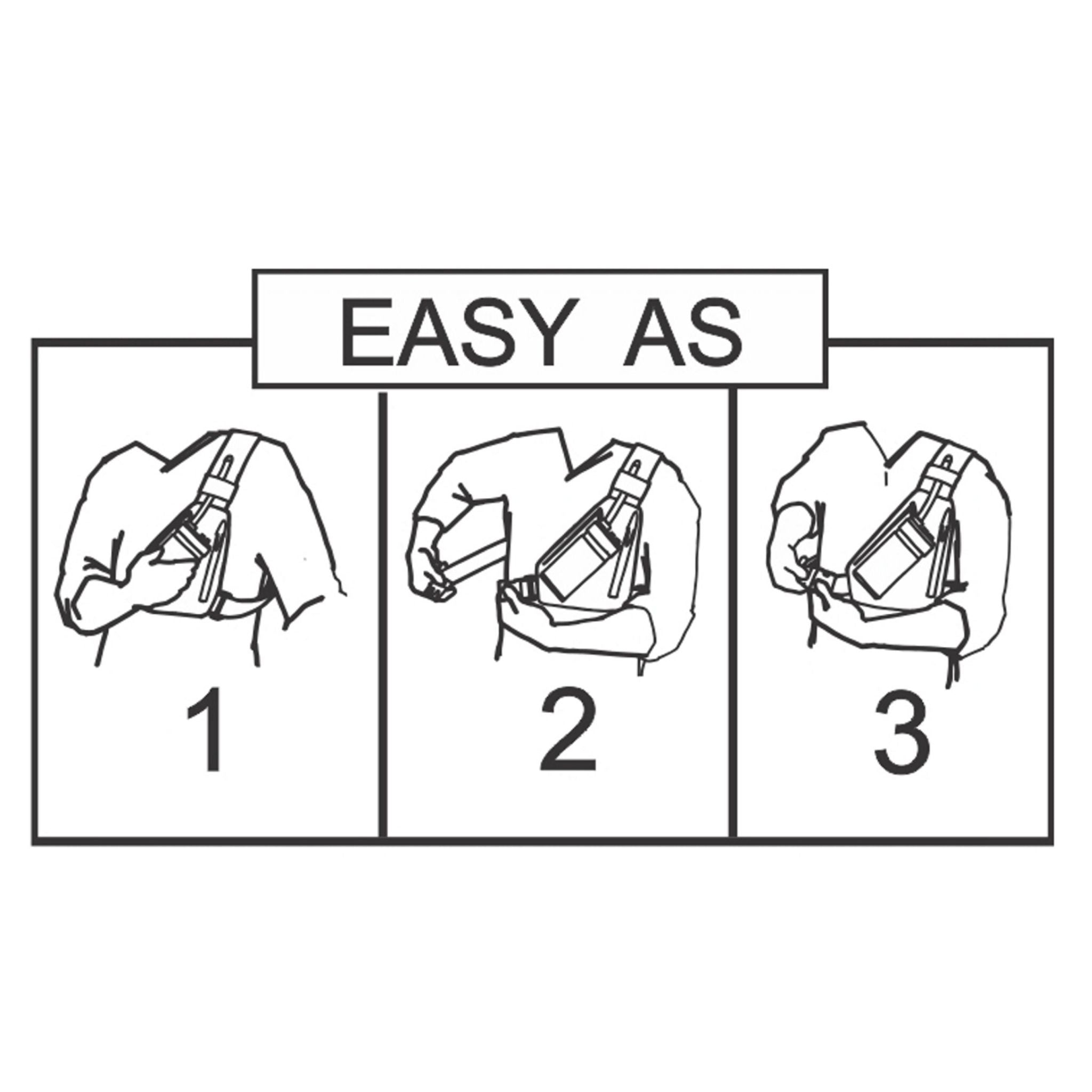 Step-by-step illustration of how to put on a chest harness with 'EASY AS' text above.