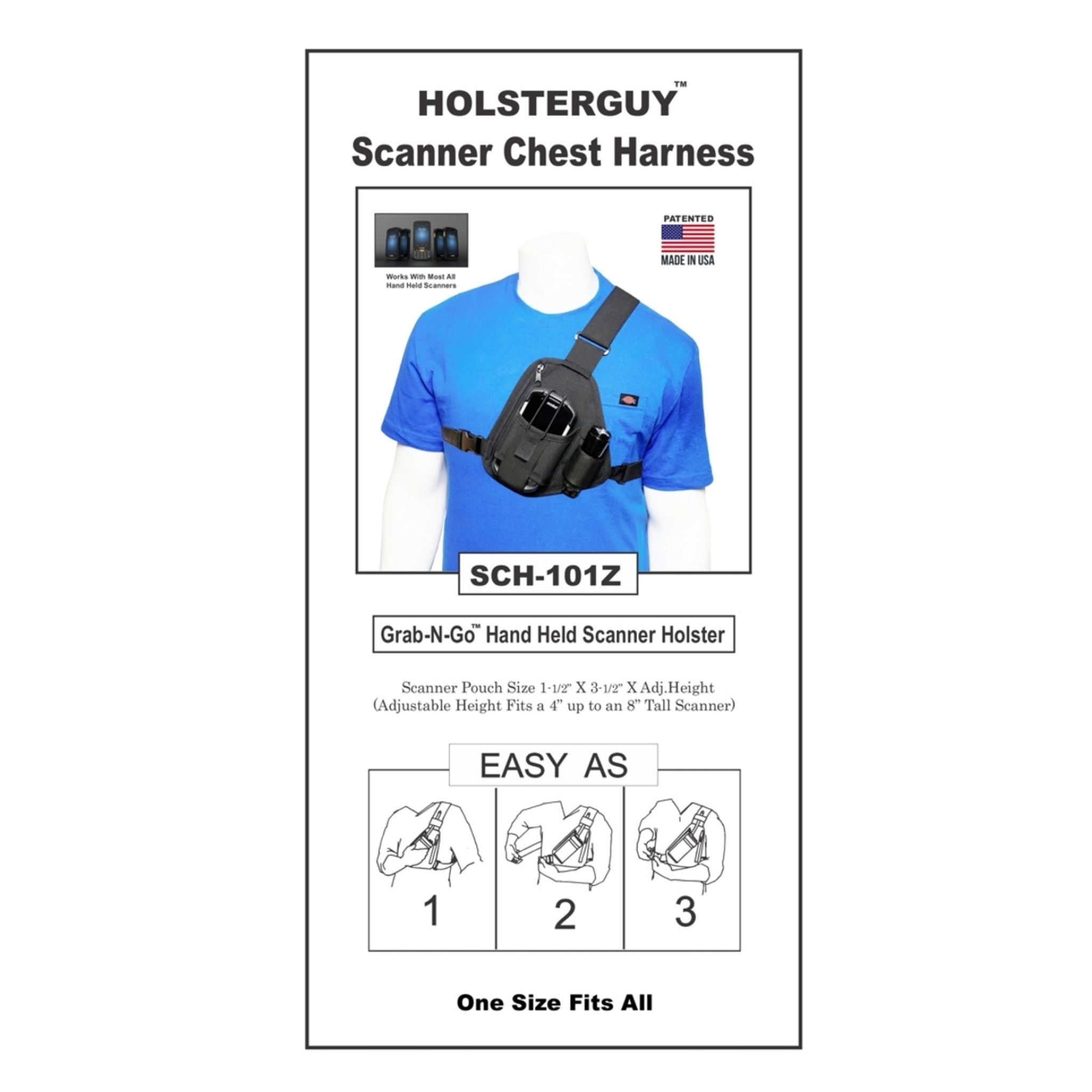 HolsterGuy Scanner Chest Harness packaging with a mannequin wearing the harness.