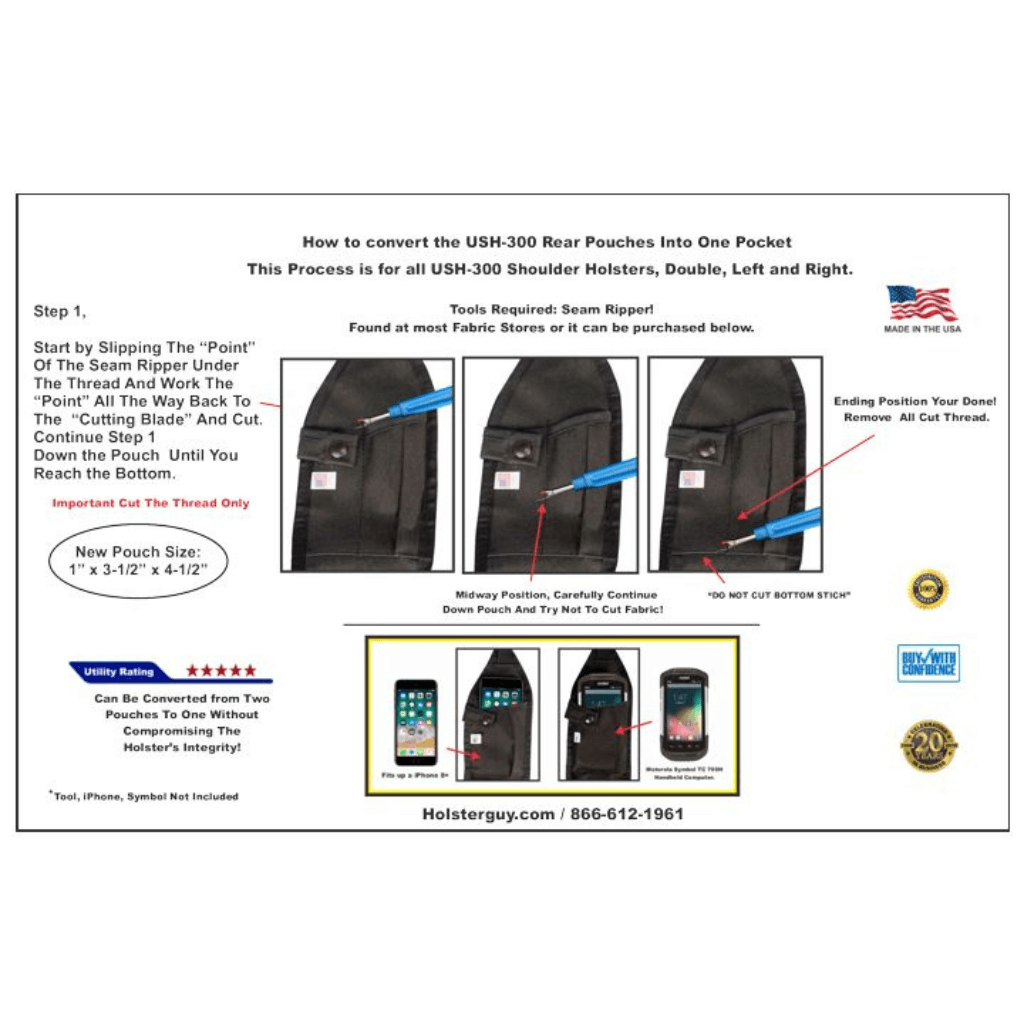 Instructions for converting USM-300 shoulder holsters into one pocket with diagrams and text.