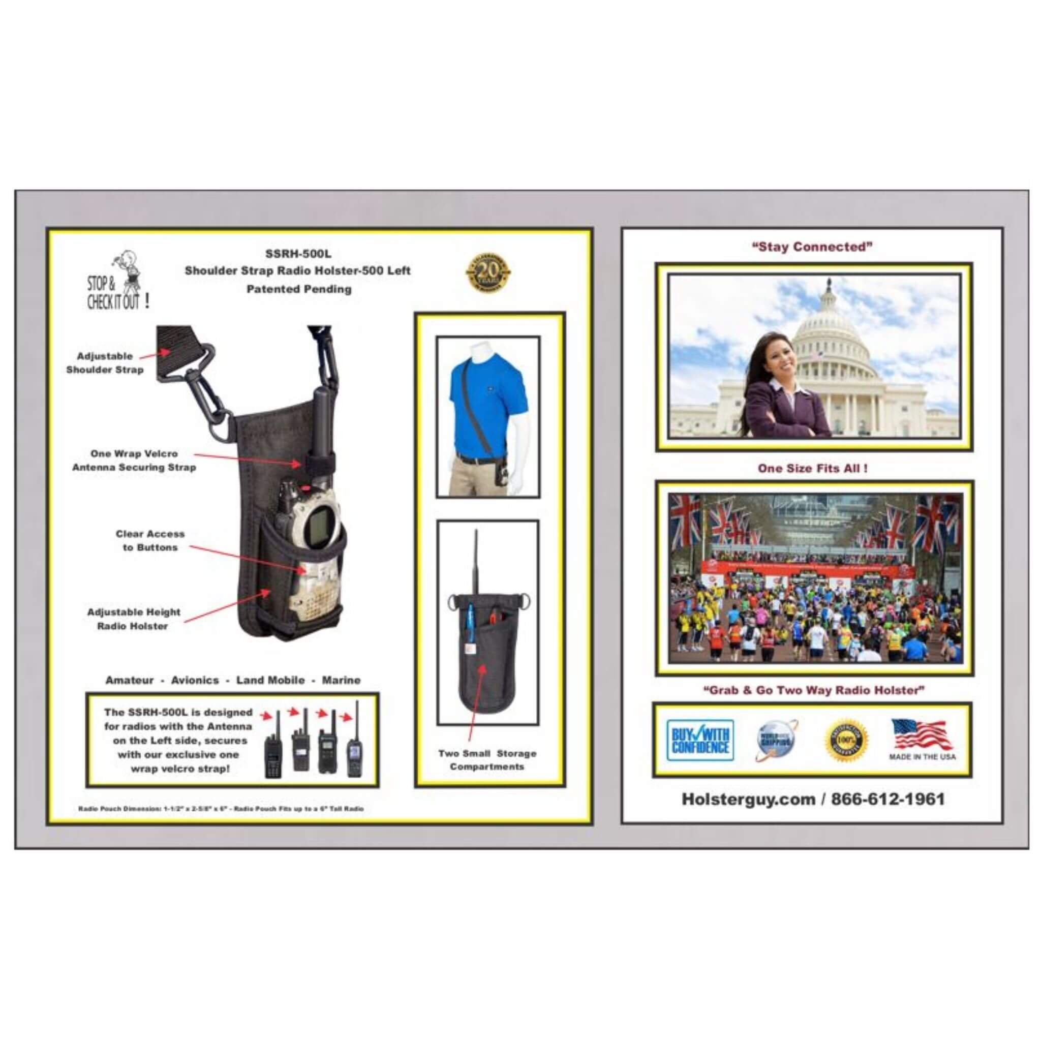 Product display with shoulder strap radio holder SSRH-500L and promotional text on a white background