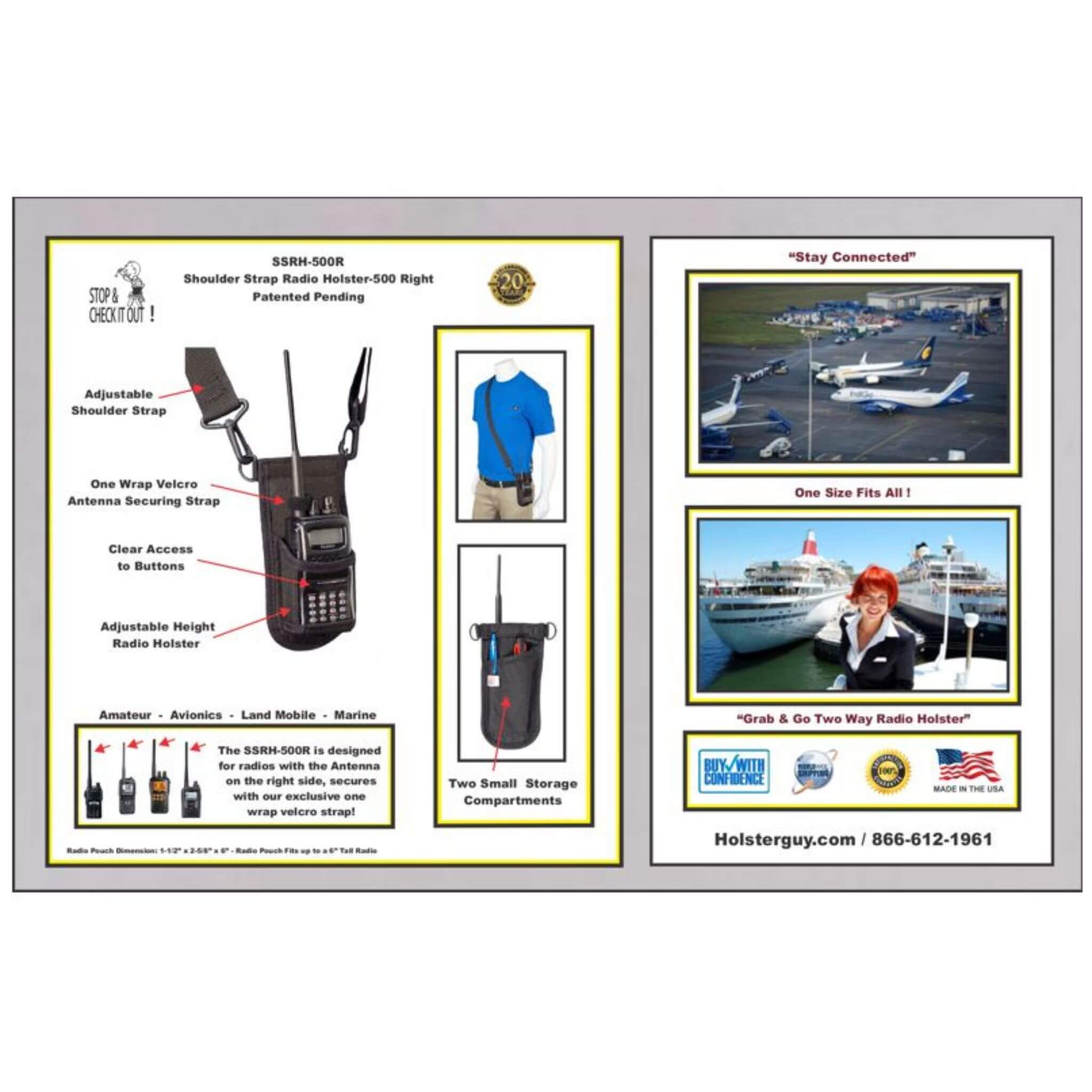Product display of SSRH-500R Shoulder Strap Radio Holster (right) with a walkie-talkie, promotional text, and images of people and vehicles.
