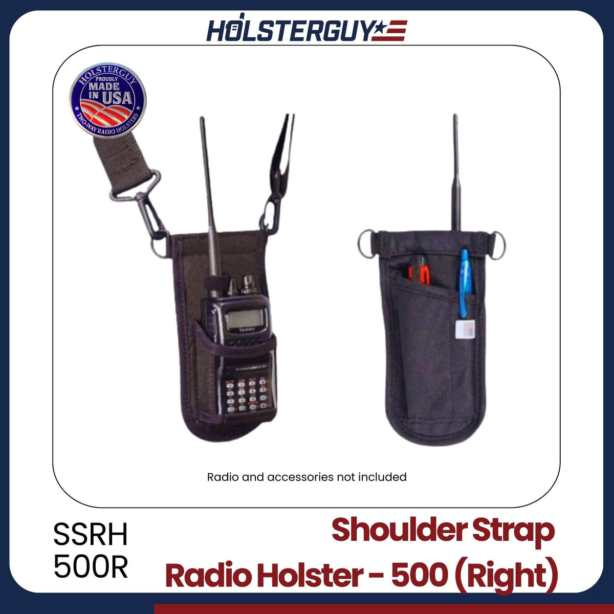 Radio holster with shoulder strap (right) SSRH-500R and accessories on a white background, featuring Holsterguy branding.