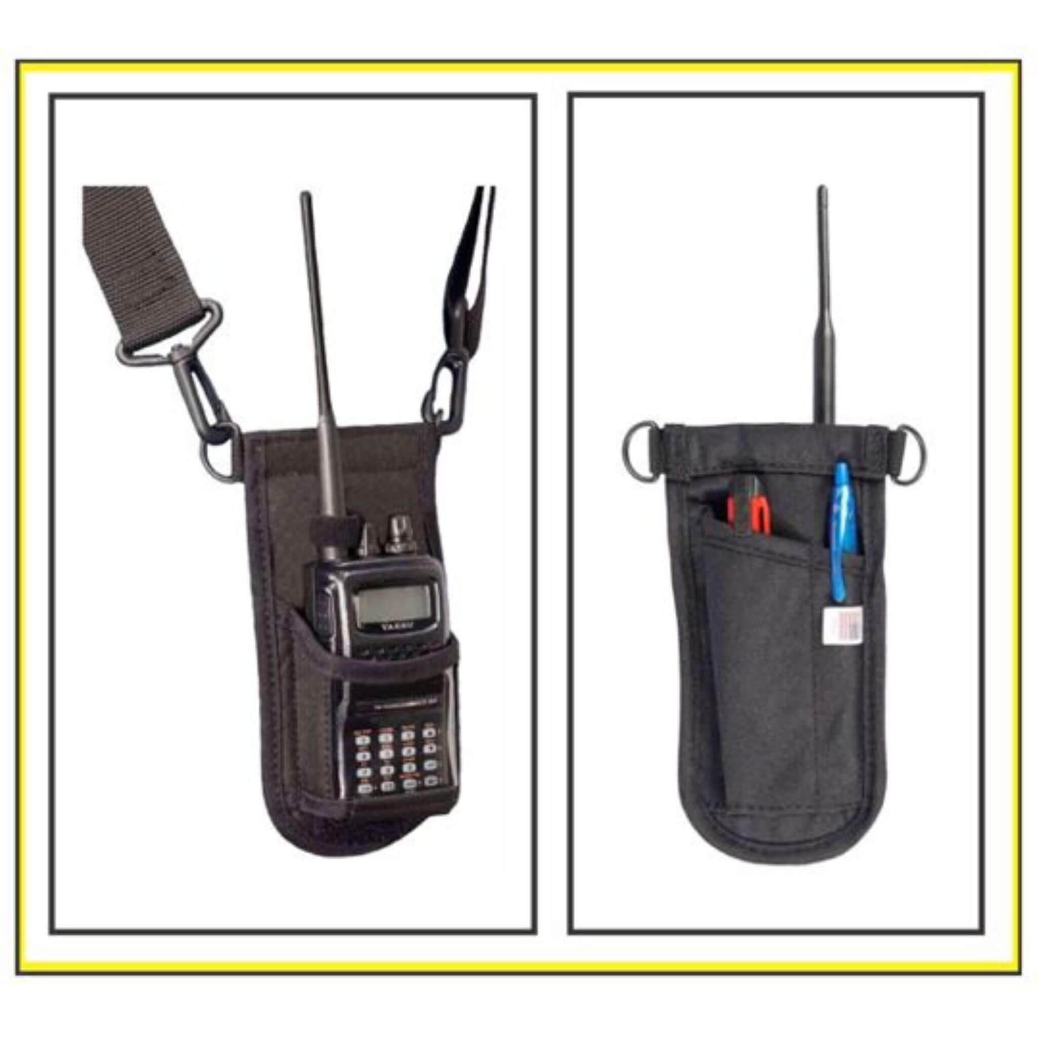 Two views of a black radio holder SSRH-500R Shoulder Strap Radio Holster (right) with a walkie-talkie and tools inside.