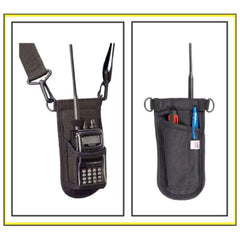 Two views of a black radio holder SSRH-500R Shoulder Strap Radio Holster (right) with a walkie-talkie and tools inside.