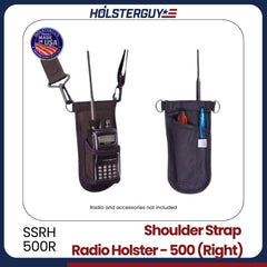Radio holster with shoulder strap (right) SSRH-500R and accessories on a white background, featuring Holsterguy branding.