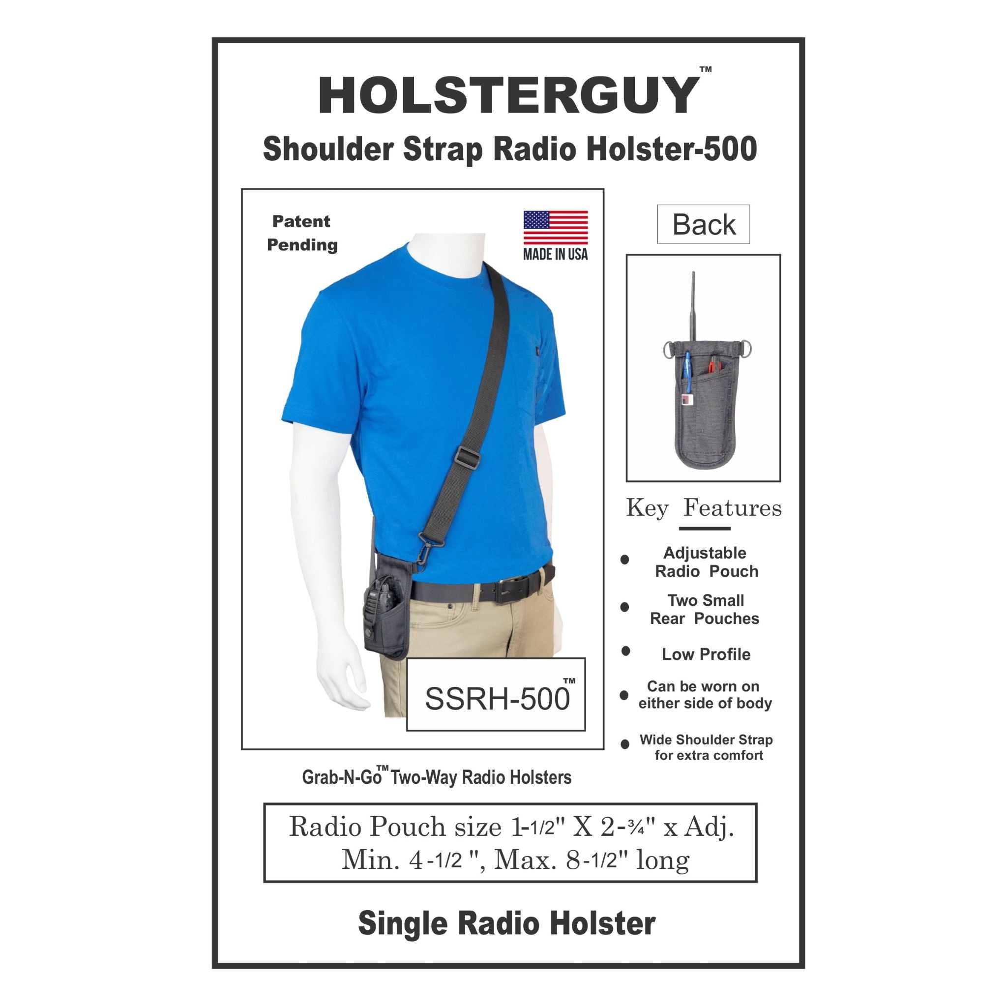 HolsterGuy shoulder strap radio holster 500 product packaging with mannequin and radio display.