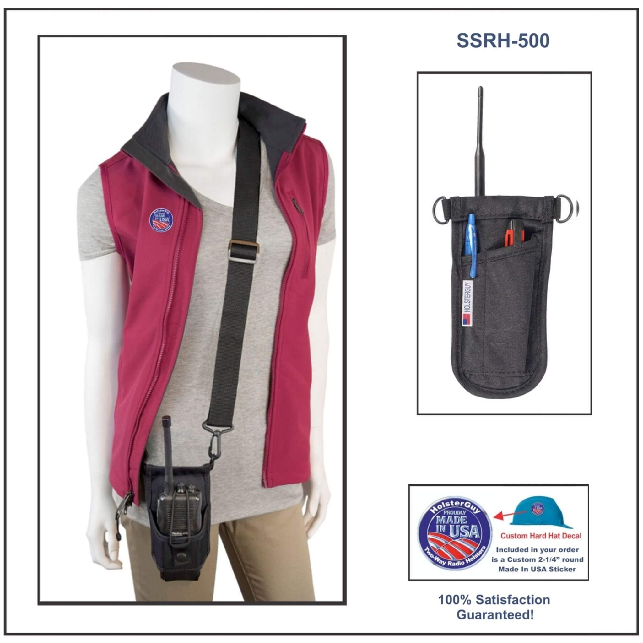 Red vest with communication device on a mannequin, with inset showing shoulder strap radio holster 500 details.